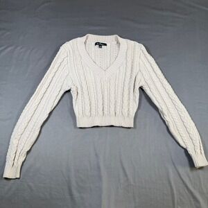 Love Tree W9092 Womens Size M Cream Beige Cable Knit Cropped V-Neck Sweater
